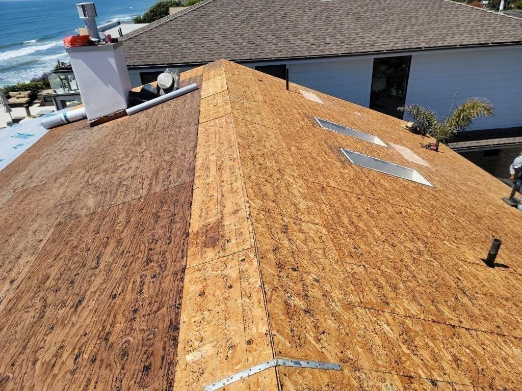 Encinitas Roof Replacement on Neptune Avenue The old roof was completely removed so that any wood damage could be replaced.
